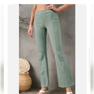 Womens Sage Green Flat Front Elastic Waist Flared Denimn Pants